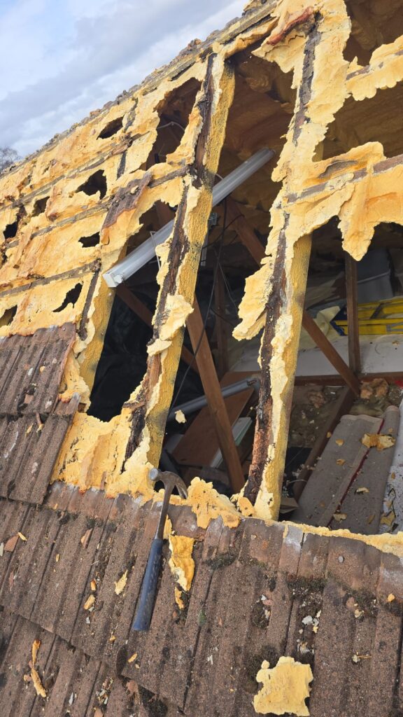 This is a spray foam removal job in progress on a residential property in Leicestershire.